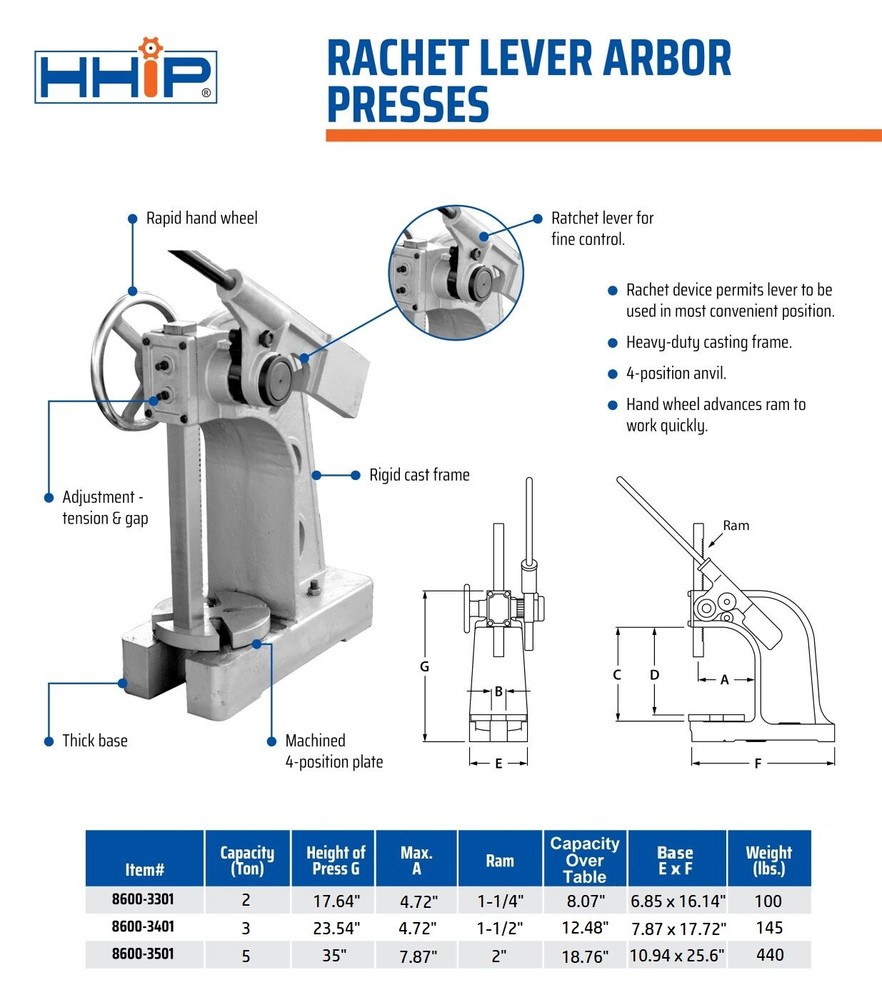 2 TON RATCHET TYPE ARBOR PRESS (8600-3301)