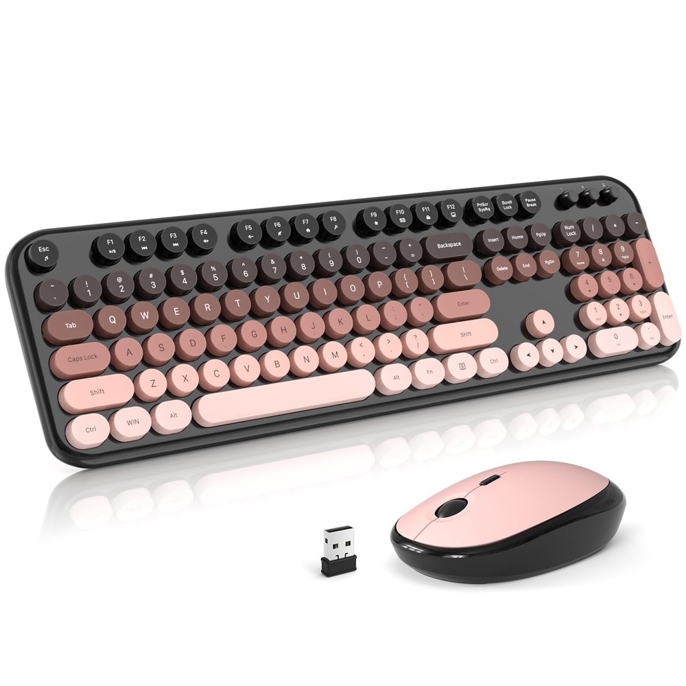 Wireless Keyboard and Mouse Combo, Typewriter Full Size Retro Keyboard with N...