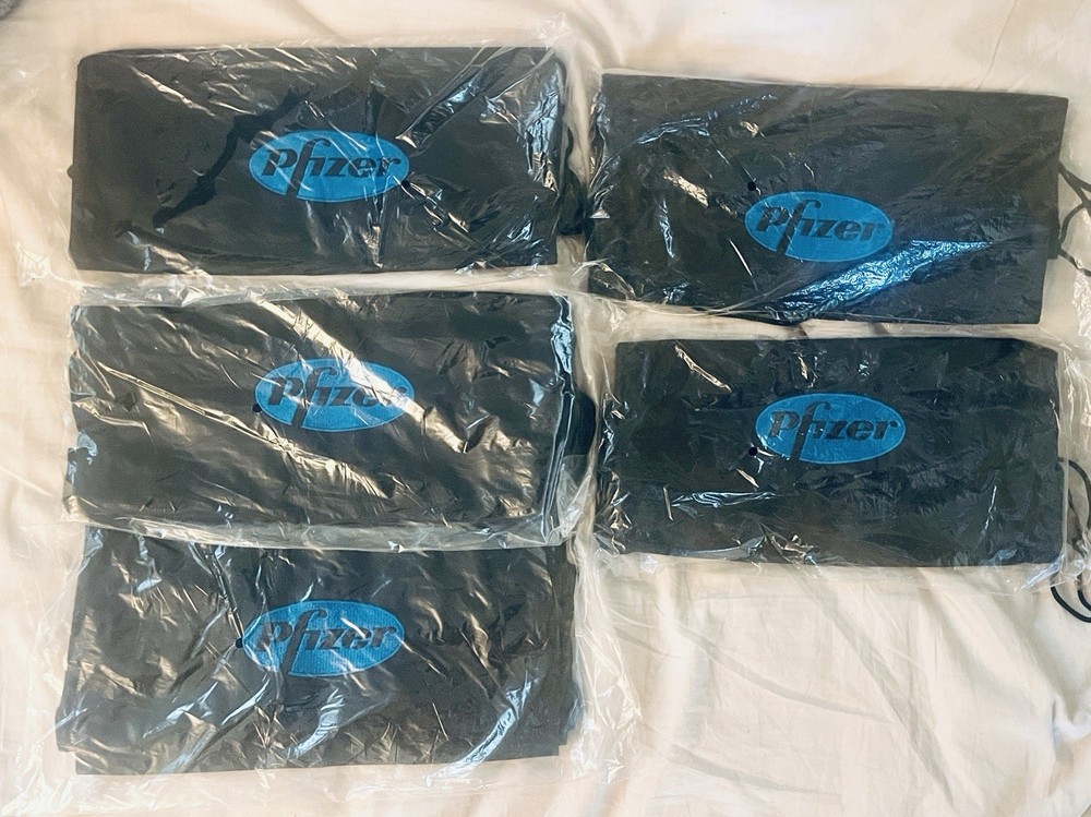 5 Pfizer Pharmaceutical rep swag - Five Drawstring backpacks