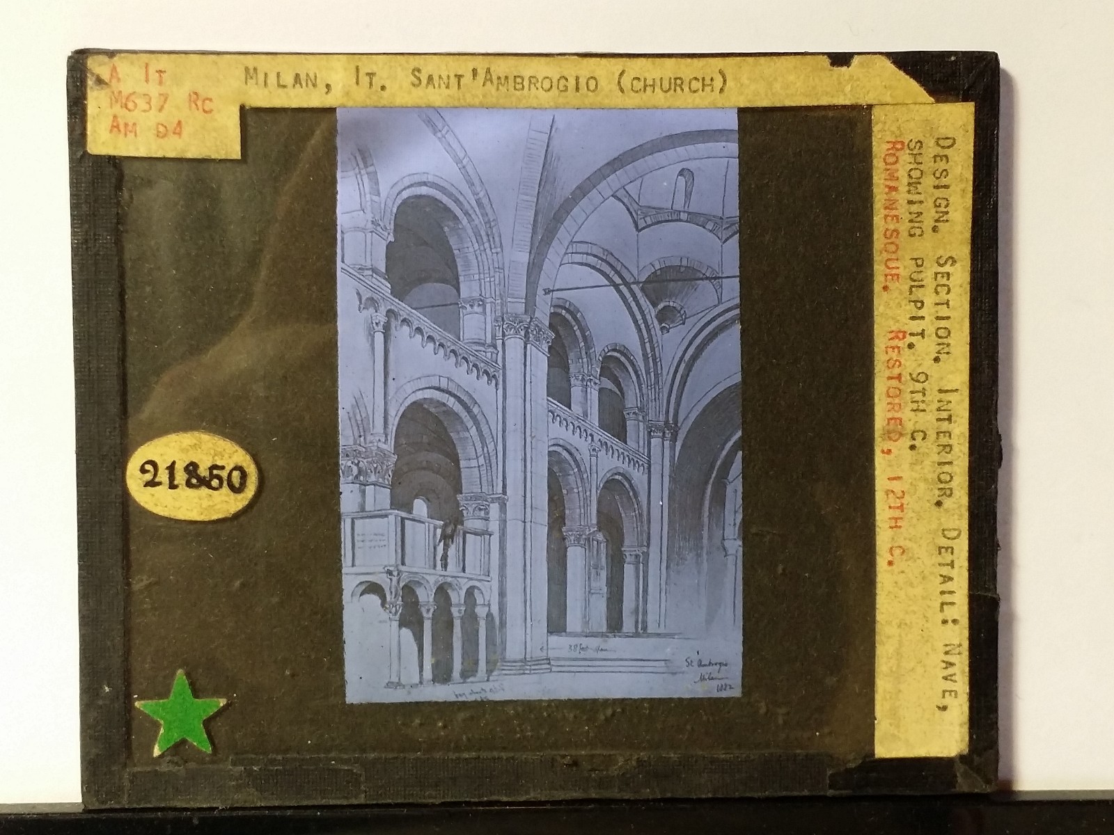 Nave Drawing, Basilica di Sant'Ambrogio, Milan, Italy, Magic Lantern Glass Slide