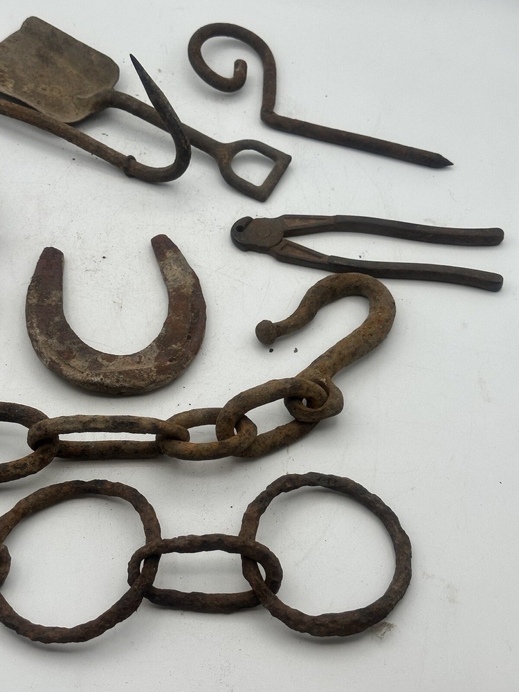 Vintage Rustic Iron Wall Decor Tools Chains And Black Coat Hanger