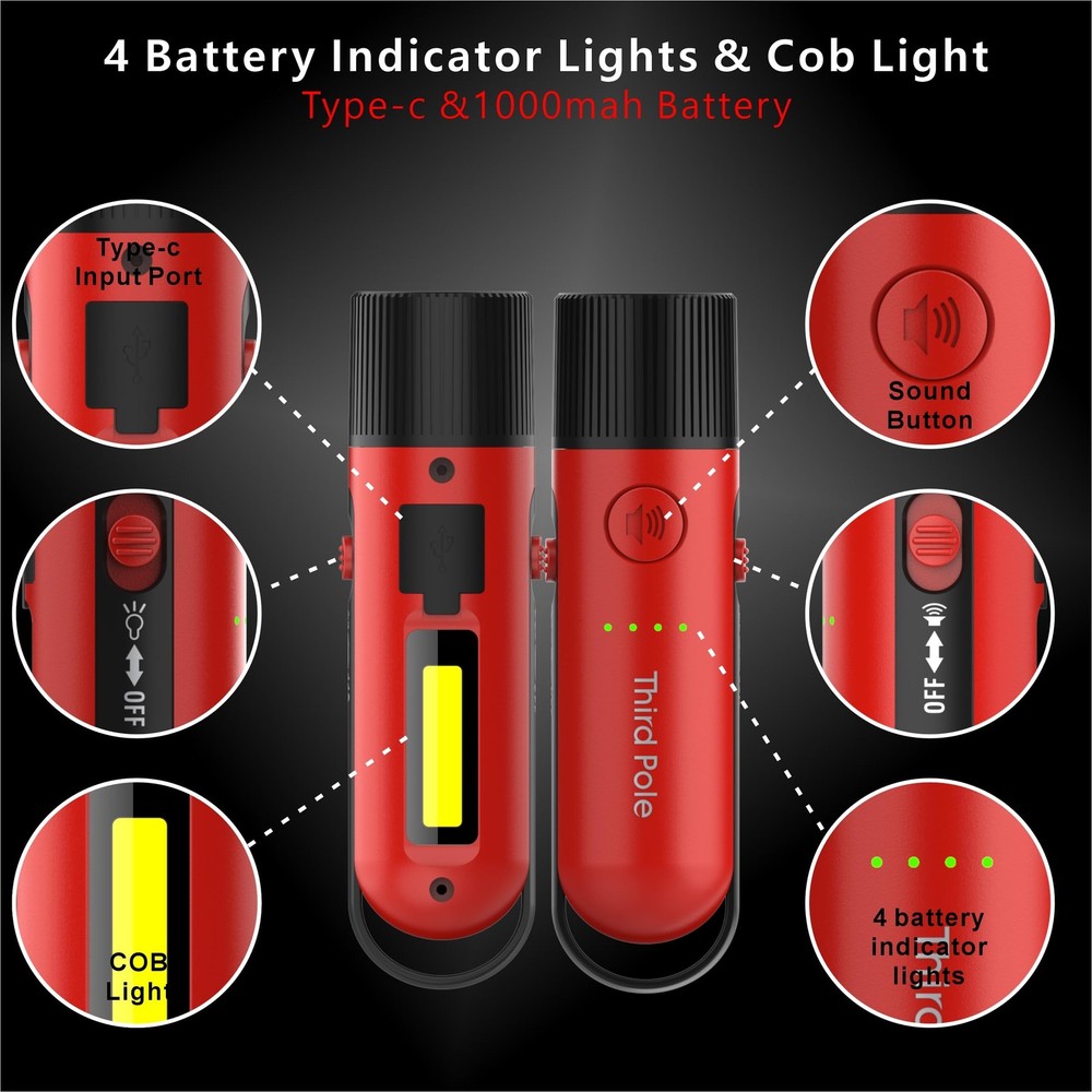 Third Pole 125dB Rechargeable Bear Horn,IPX4 Waterproof & LED Flashlight Red