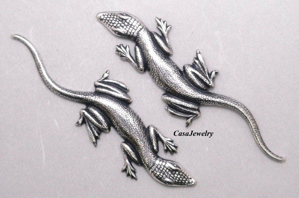 #4175 MEDIUM ANTIQUED STERLING SILVER PLATED LIZARD COMPONENT - 2 Pc Lot