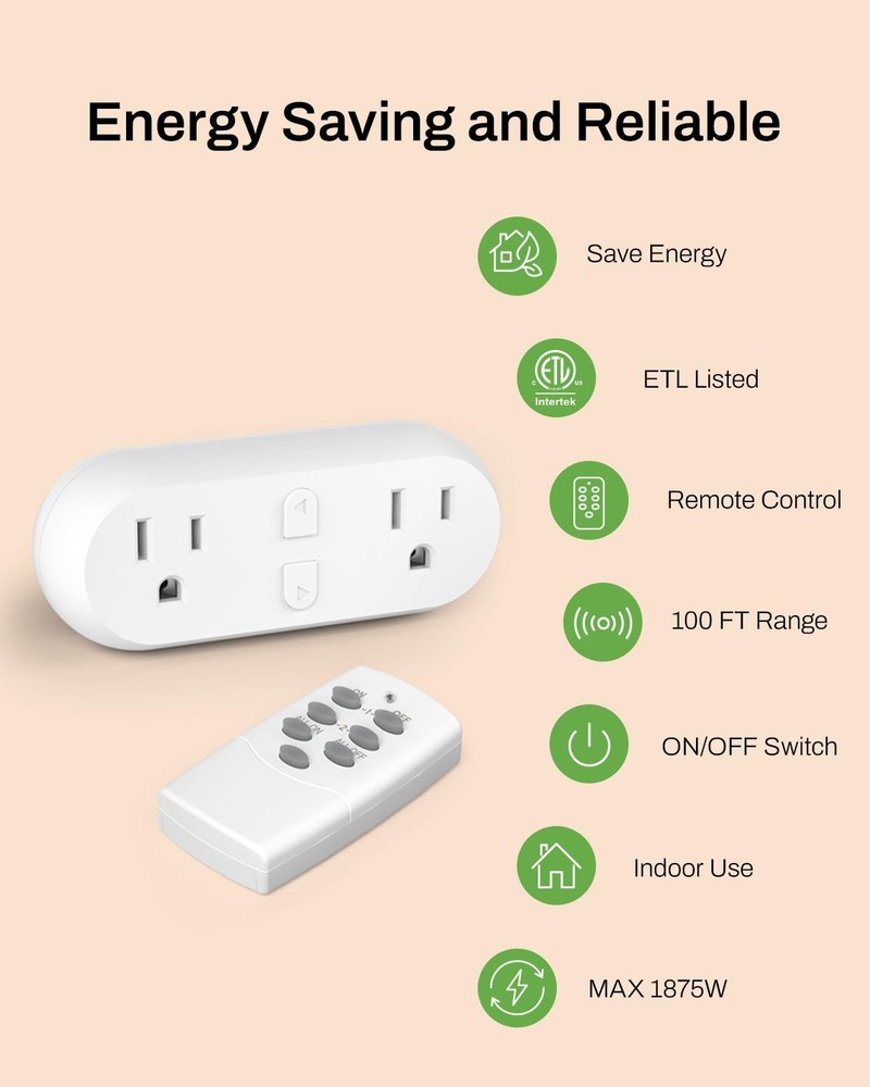 2 Pack Wireless Remote Control Outlet with 15A, Compact Design Sockets