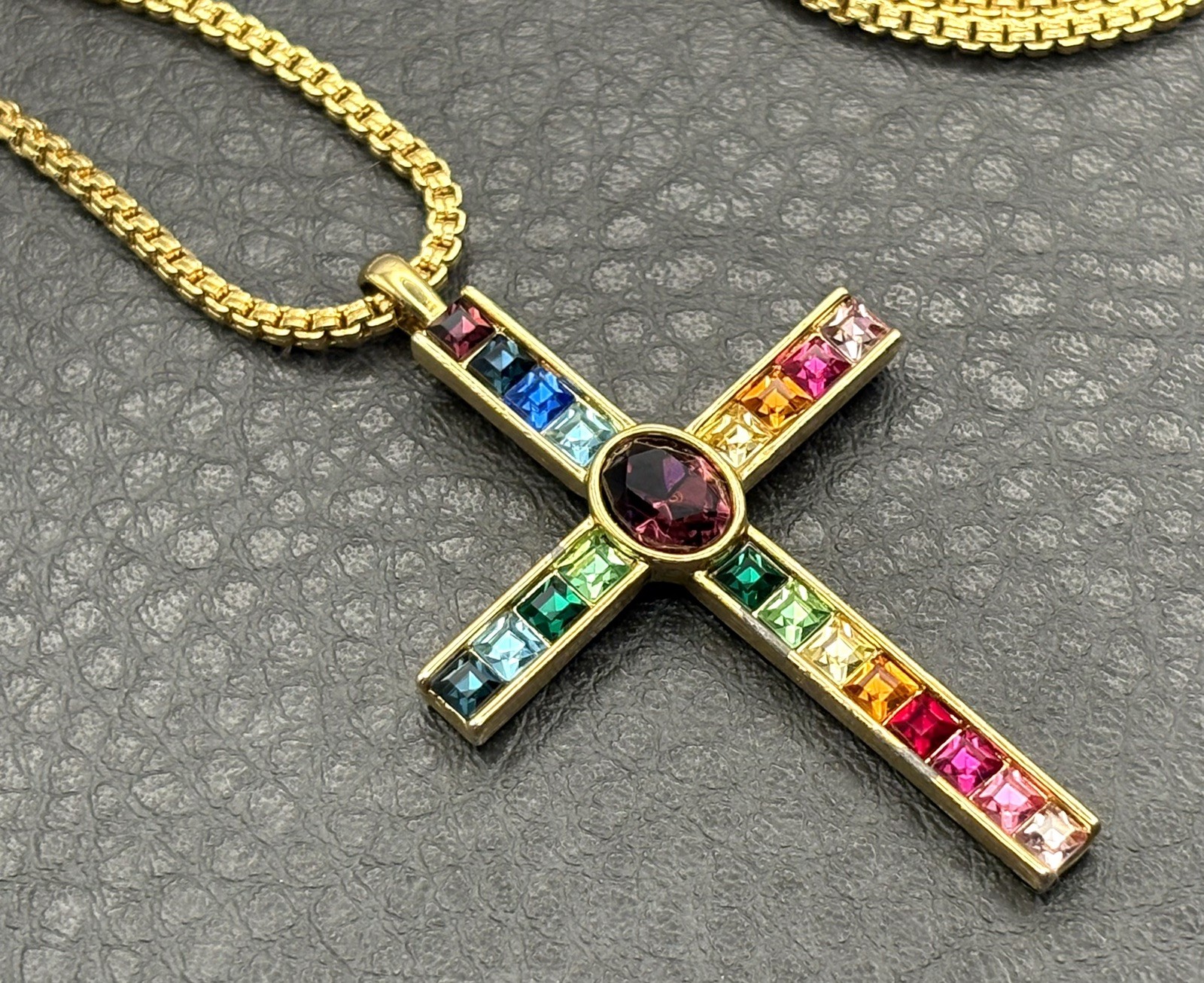 Nolan Miller Signed Gold Tone Chain Necklace PSCO 80s Rhinestone Crystal Cross