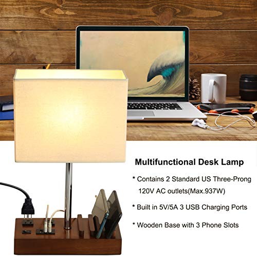 Briever USB Table Lamp, Multi 2 Ac Outlets + 3 Usb + 3 Slots (Walnut)