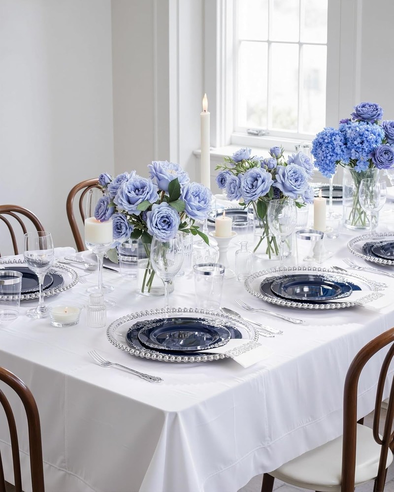 175pcs Blue & Silver Plastic Plates Elegant Disposable Dinnerware Set Suitable