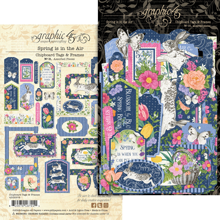 Graphic 45 SPRING IS IN THE AIR 31pc Chipboard Tags & Frames Easter Bunny