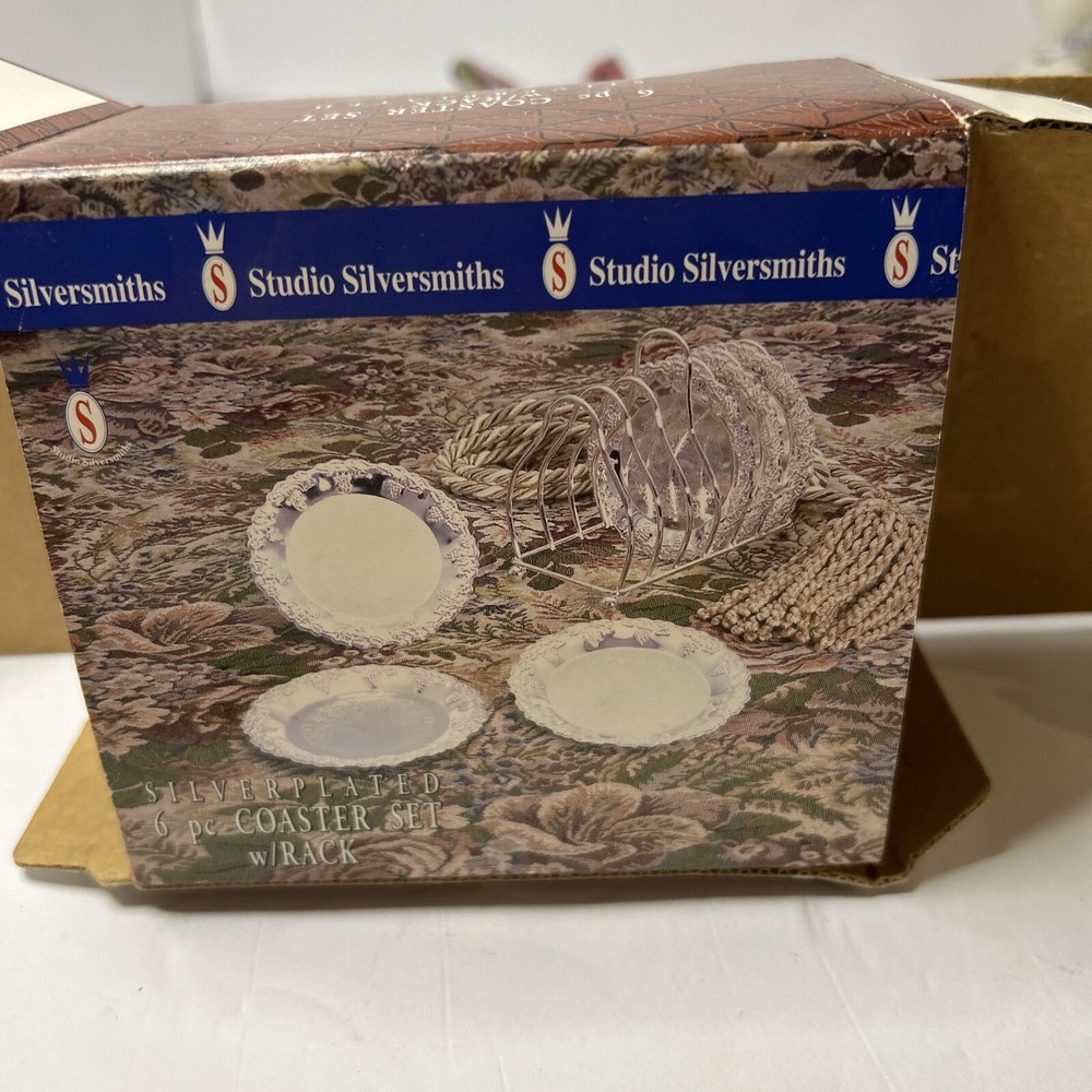 Silver Plated 6 Pc Coaster Set With Rack Studio Silversmiths