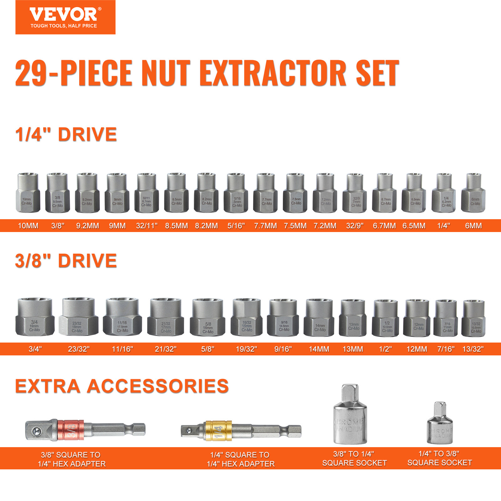 VEVOR Bolt Extractor Set 29-Piece Bolt and Nut Remover Set with Storage Case