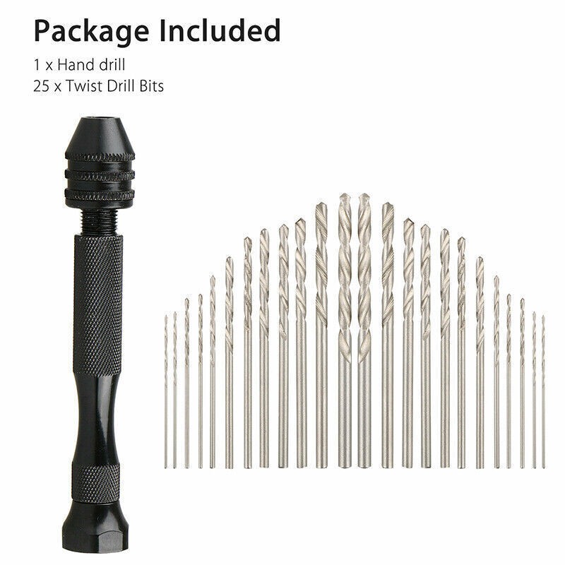 26Pcs Mini Micro Hand Drill Bits Set Small Manual Keyless Chuck Pin Vise Rotary