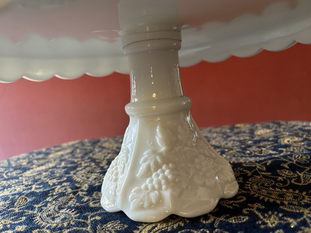 Cake Stand, Vintage, White Grape Pattern, Milk Glass.