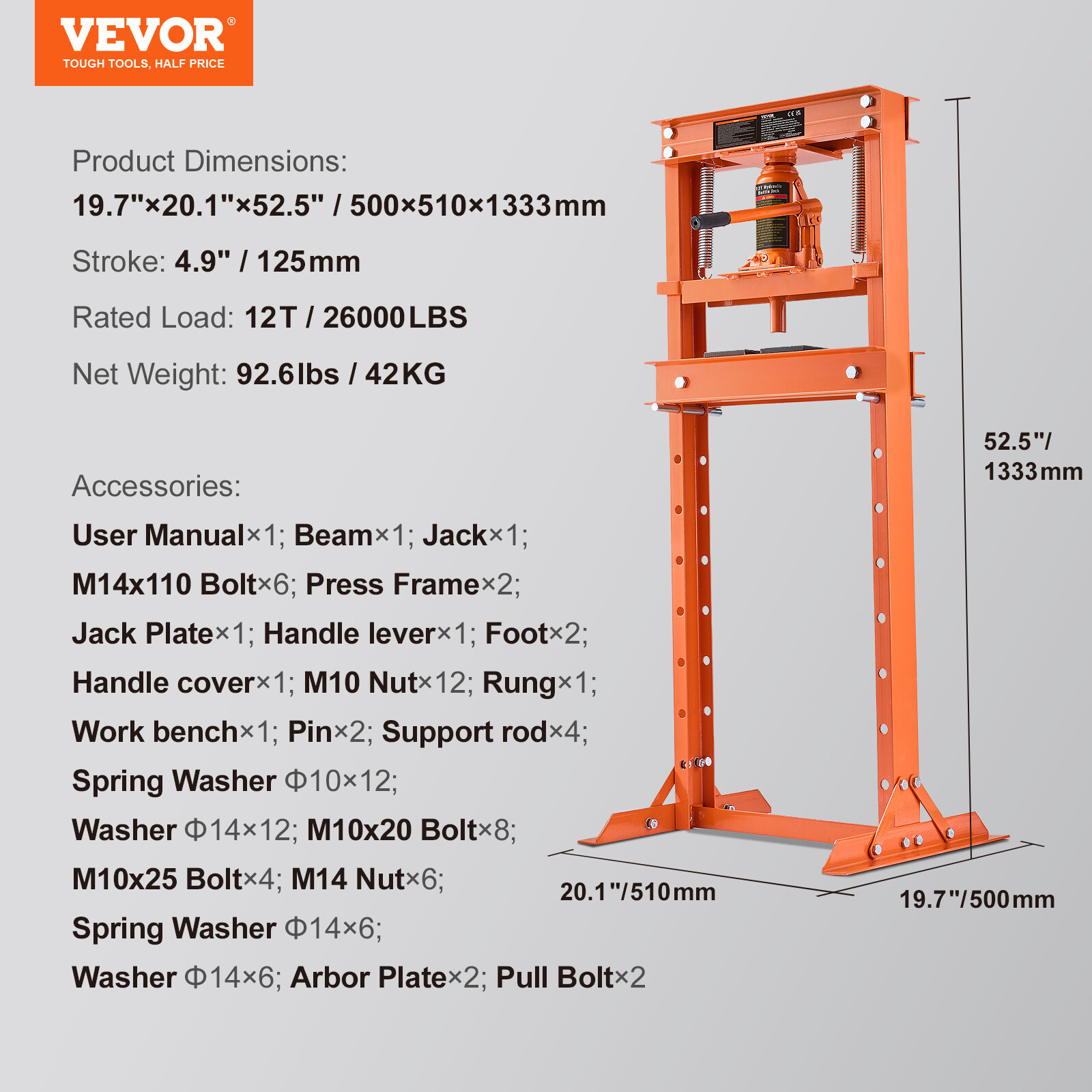 VEVOR Hydraulic Shop Press 12 Ton with Press Plates H-Frame Benchtop Press Stand