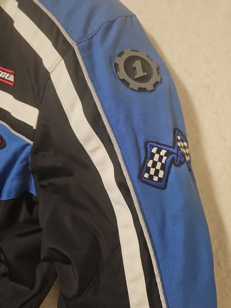 Firstgear Motorcycle Jacket Small Blue Black Embroidered Patches Safe Hypertex