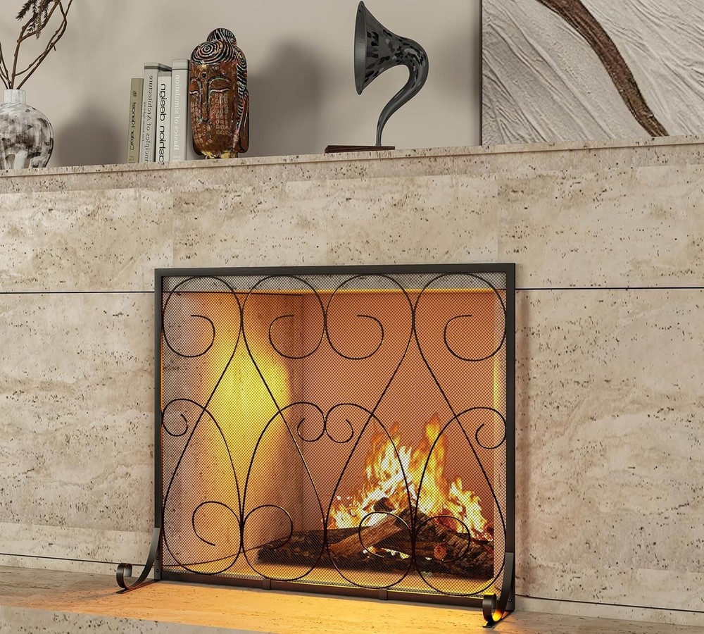 Single Panel Handcrafted Wrought Iron Symmetric Scroll Flat Fireplace Screen