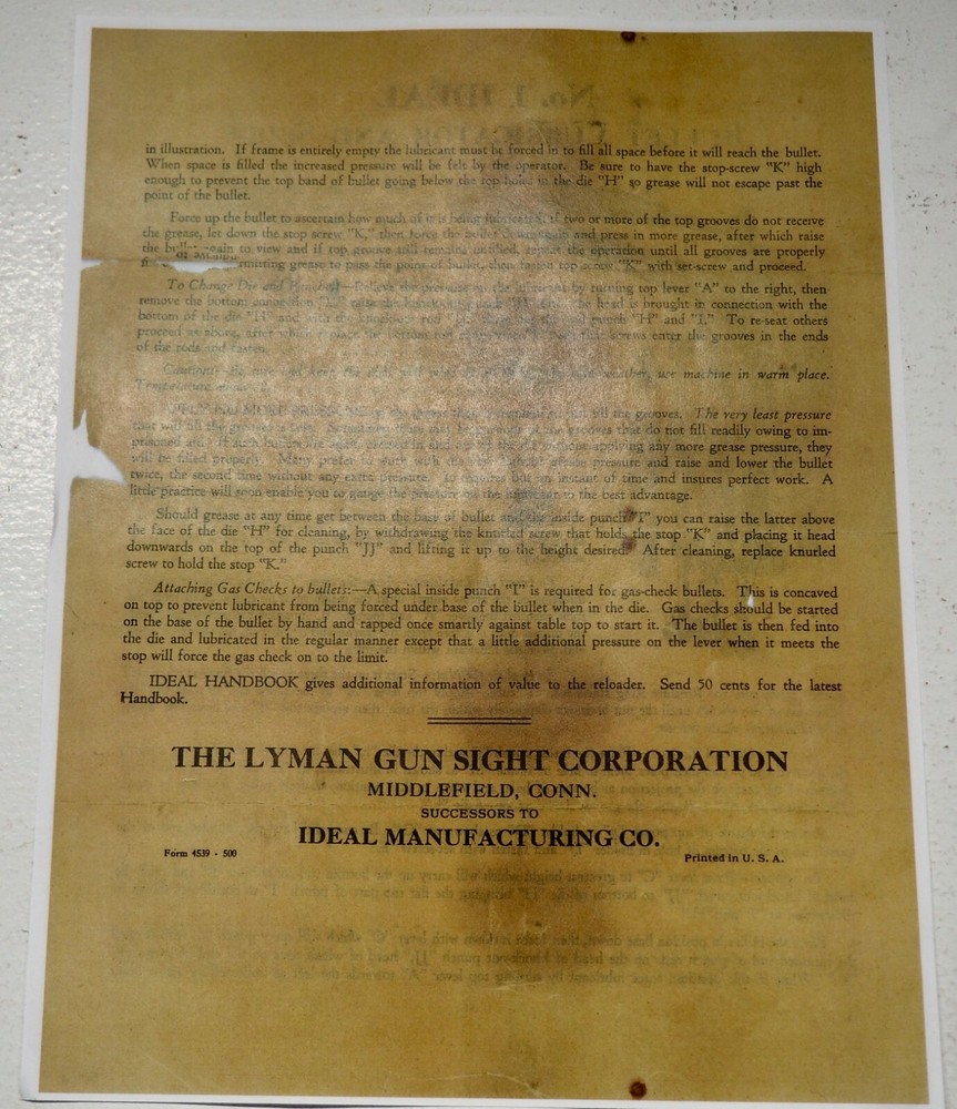 Ideal No.1 Lubricator & Sizer Instruction Sheet