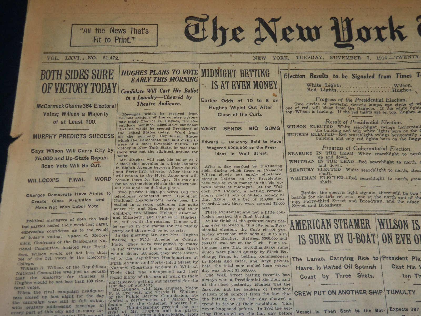 1916 NOVEMBER 7 NEW YORK TIMES - BOTH SIDES SURE OF VICTORY TODAY - NT 7686