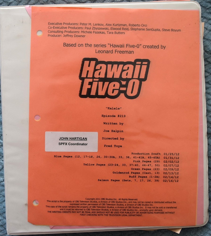 2012 Hawaii Five-O "Kalele" Original Script + Shooting Schedule