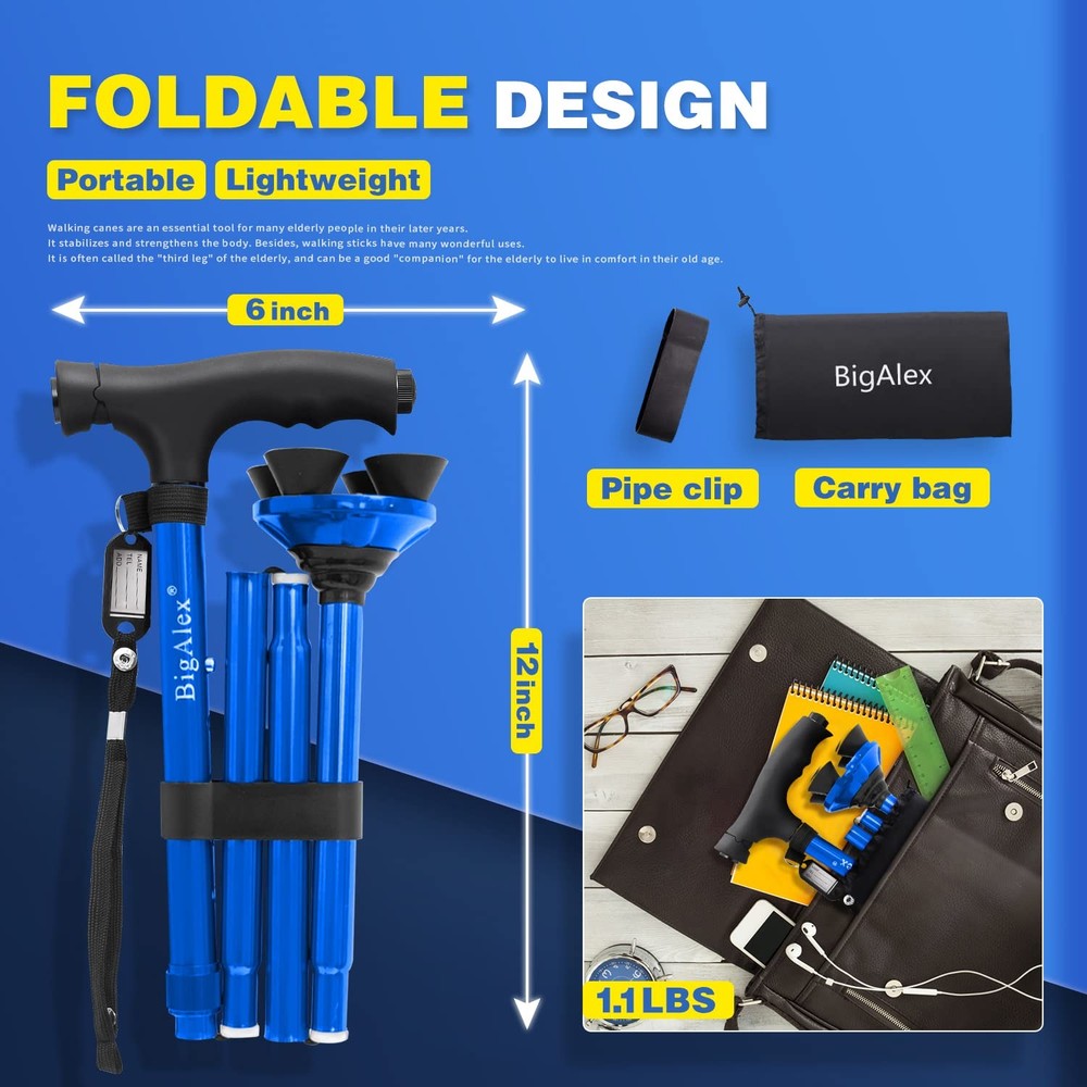 Folding Walking Cane with LED Light,Pivoting Quad Base,Adjustable Walking Sti...