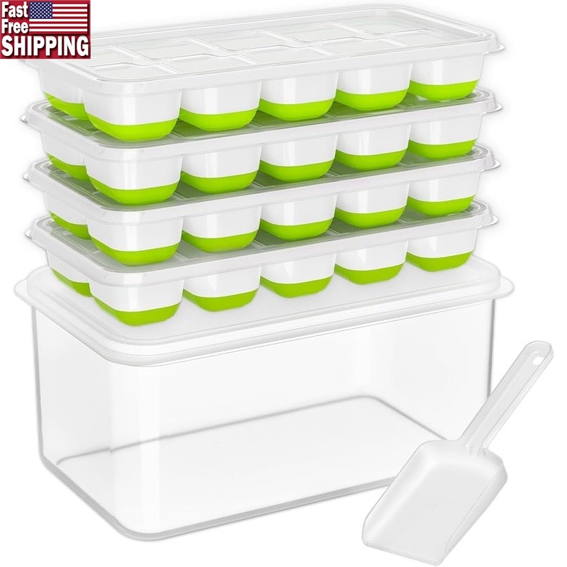Stackable Ice Cube Tray Set W/ Lid Scoop & Storage Bin Freezer Organization New