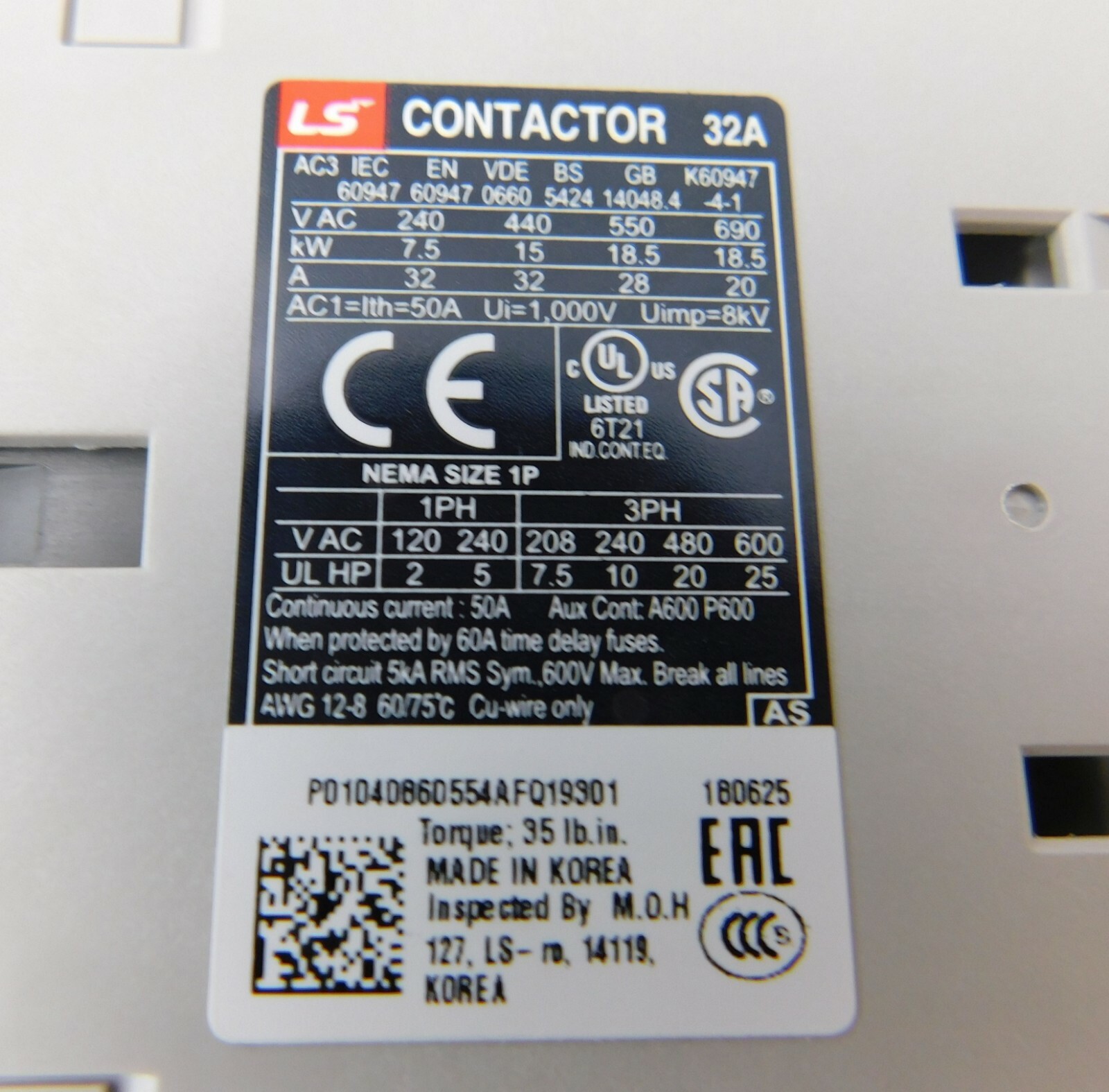 Motor Starter LSis 30 HP @ 480V 34-50 Amp Overload 120 Volt Coil Size 50 UL