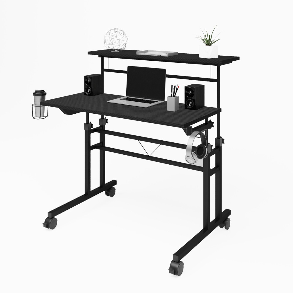Height-Adjustable Rolling Desk - Mobile Writing Table w/ Movable Shelf - Office