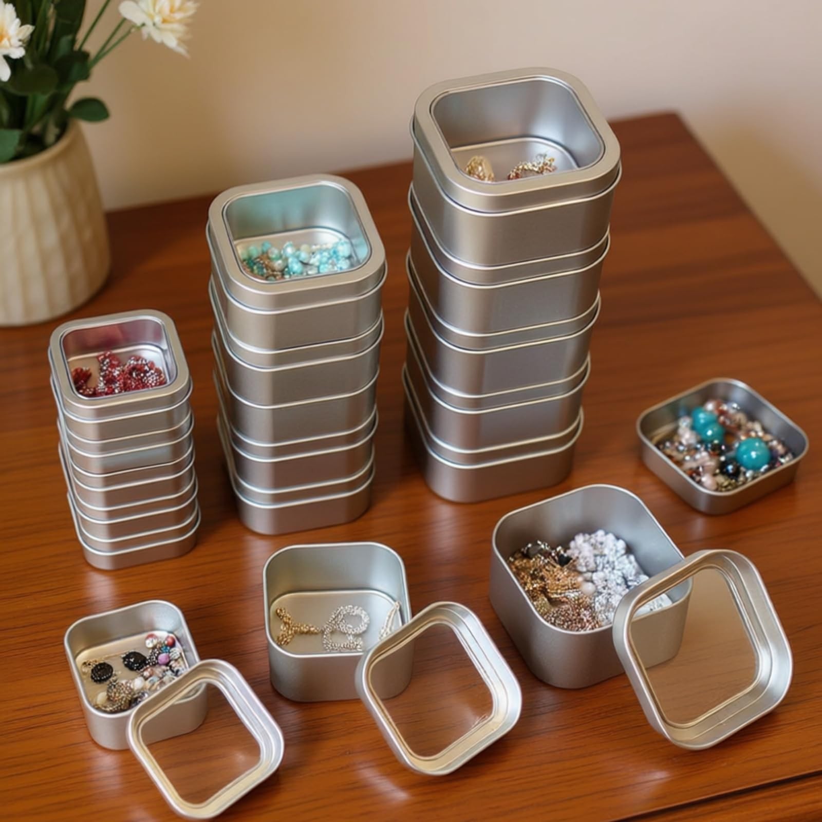 18-Pack Empty Square Silver Metal Tins with Clear Window for Candle Making, C...