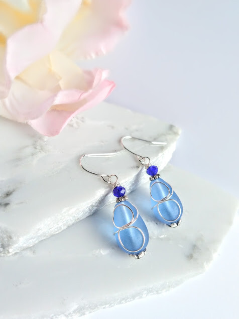 Cobalt Blue Sea Glass Teardrop, Silver Ladies Dangle Earrings, Beach Fashion