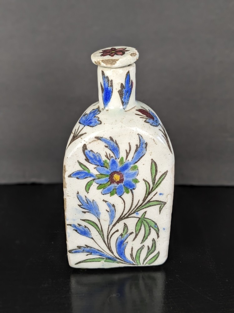 Antique Persian Qujar Pottery Bottle Tea Flask Floral Bird Pattern Triangular