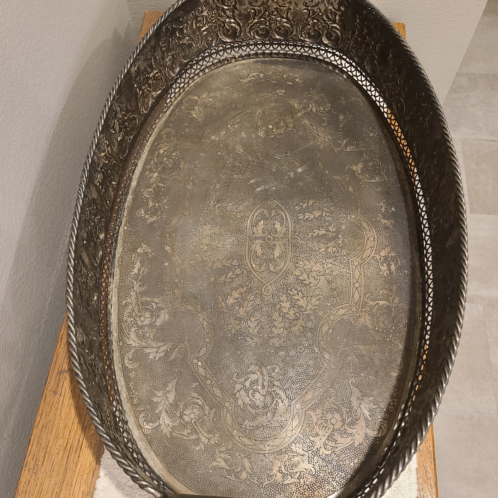 Castilian Imports Vintage Solid Brass Decorated Table Tray 27"X 16” X 6” Heavy