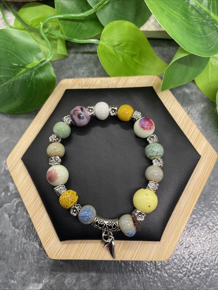 Handmade Ceramic Bead Beaded Stackable 6” Plus Stretch Bracelet New B244