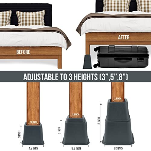 Adjustable Bed Risers, Stackable Frame Furniture Risers, 3, 5 or 8 Inch Height