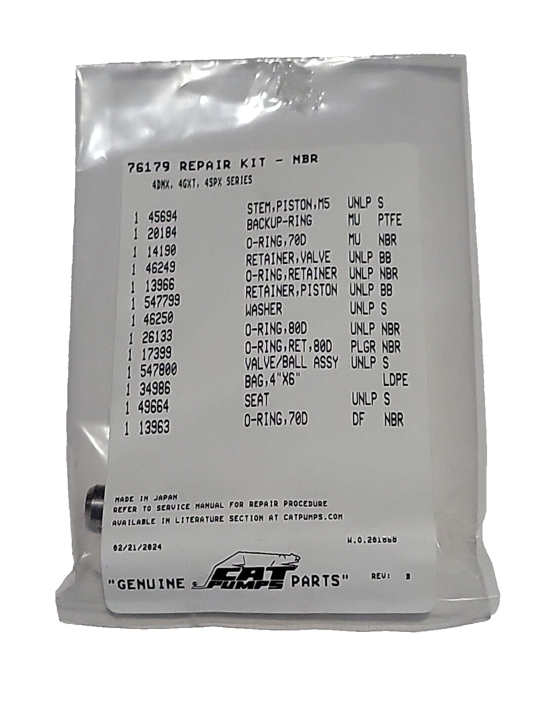 CAT PUMPS 76179  INTEGRAL UNLOADER REPAIR KIT 4DNX,4GXT 4SPX  (OEM Part)