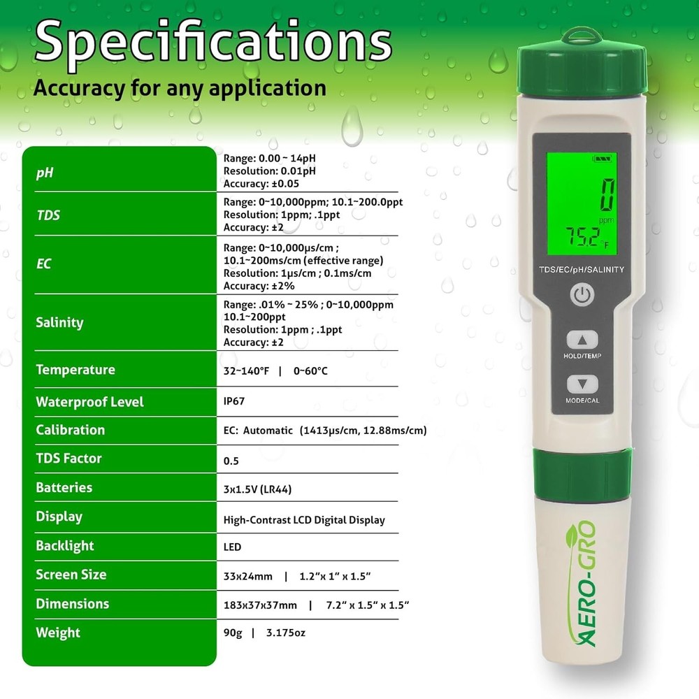 Versatile 5-in-1 Hydroponics & Aquarium Water Meter with Auto Temp Comp.