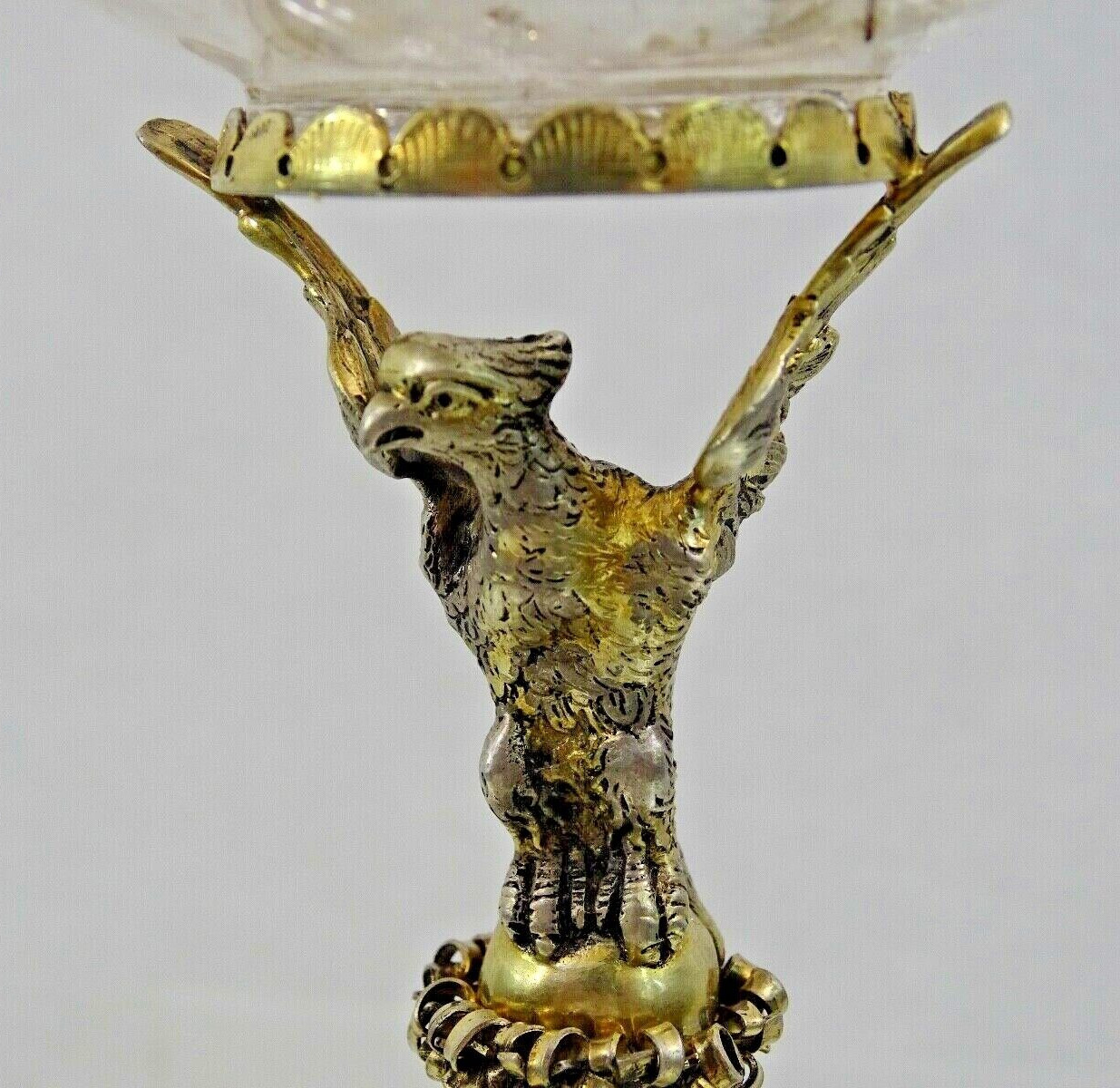 GORGEOUS SILVER - GILT / ROCK CRYSTAL TAZZA ANTIQUE GERMAN FIGURAL EAGLE LIZARD