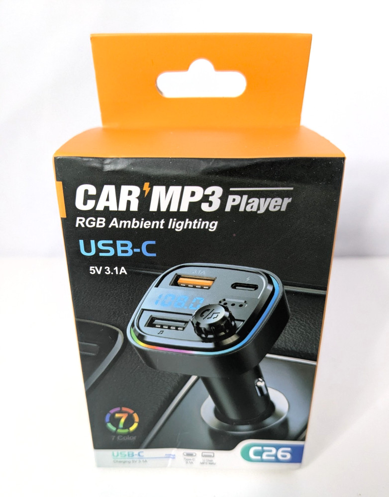 C26 Car MP3 Bluetooth Transmitter USB-C FM Adapter RGB Ambient Lighting