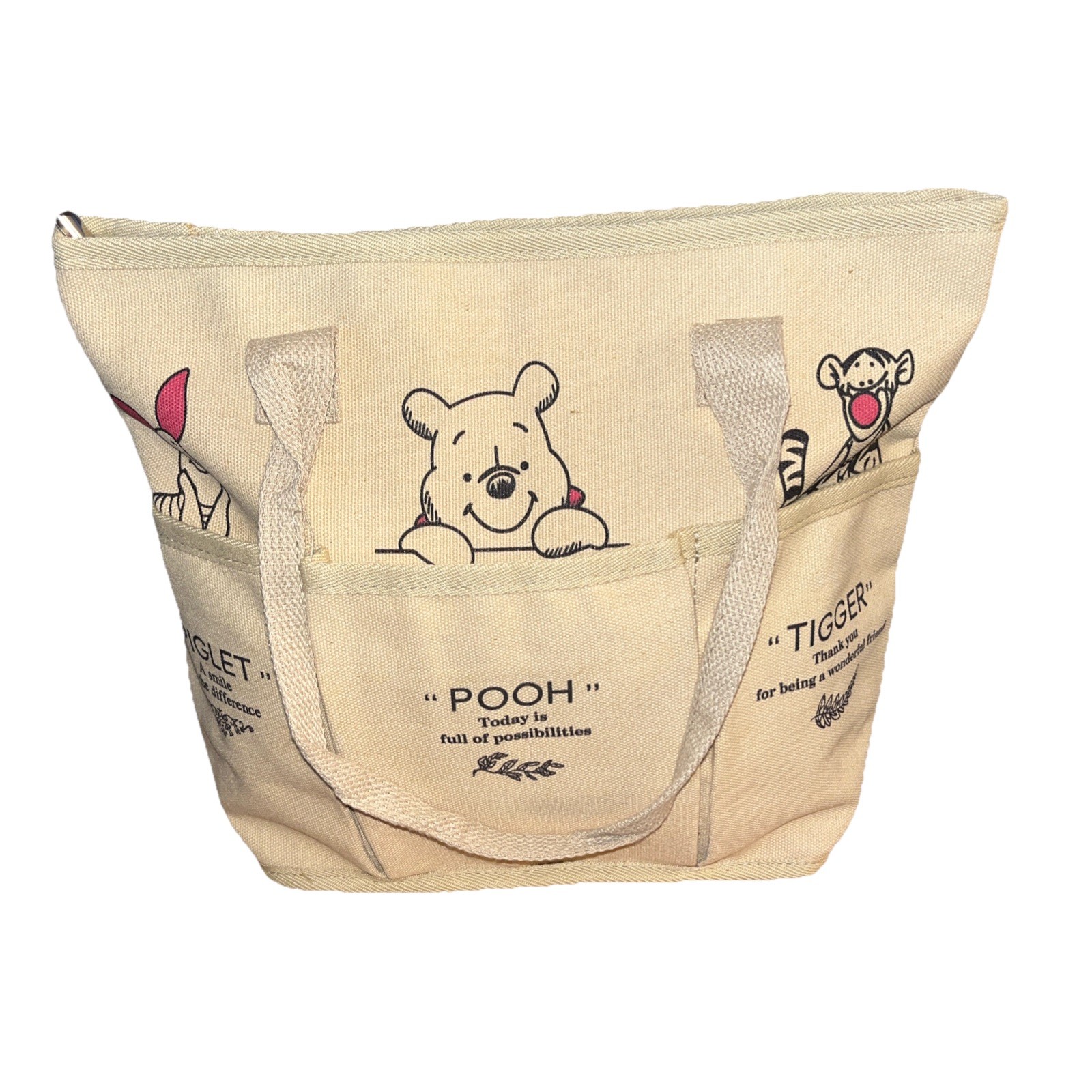 Winnie The Pooh Piglet Tigger Canvas Tote Bag Purse with Zipper & Pockets