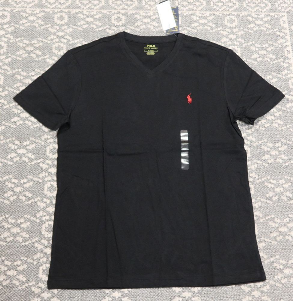 New Polo Ralph Lauren Men's V-Neck T-Shirt Tee - MEDIUM - Black with Red Logo