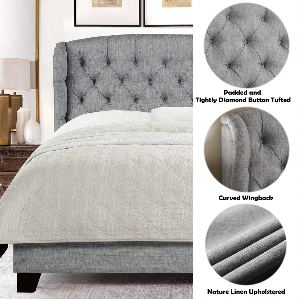 King Size Upholstered Platform Bed Frame W/ Adjustable Wingback Headboard Box