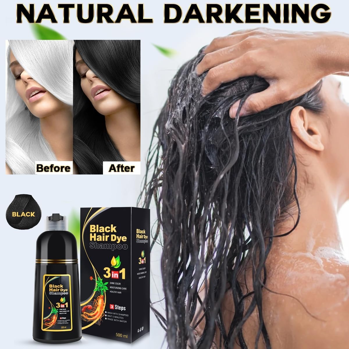 Black Hair Dye Shampoo Instant 3 in 1 Grey Coverage