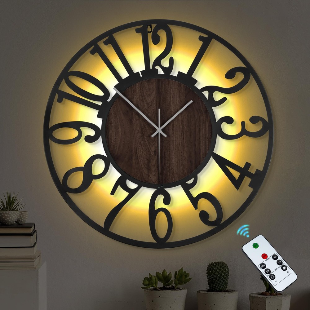 LEIKE Large Wall Clock 20'' Lighted Rustic Wood Clock with Remote Timer, Sile...