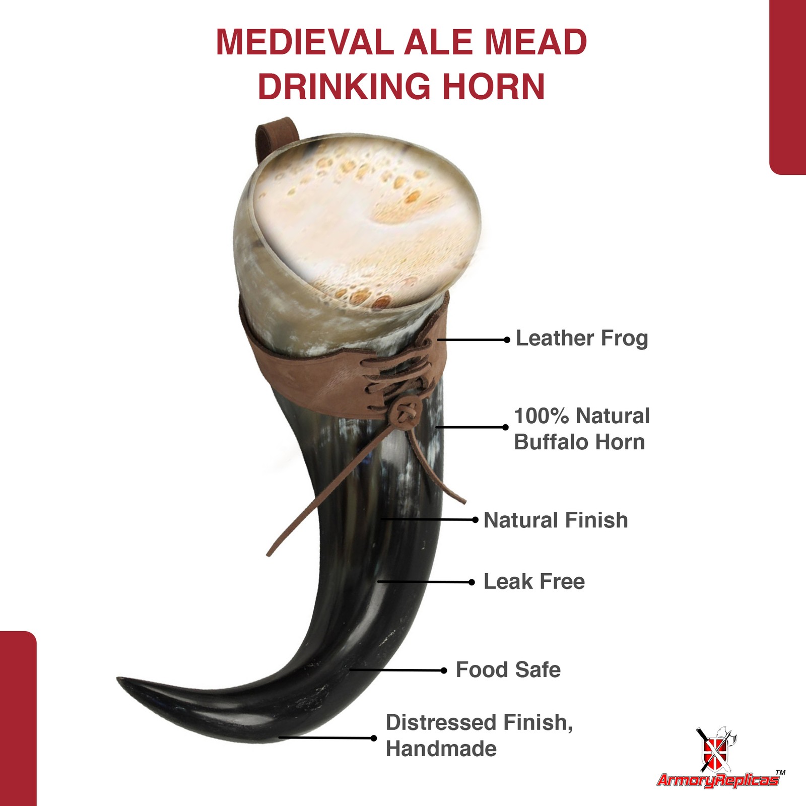 XL Viking Drinking Horn 23" w/ Brown Leather Belt Frog 1400ml Medieval Horn Cup