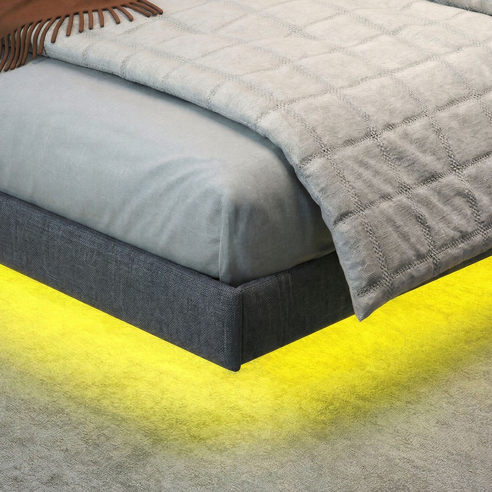 King Floating Bed Frame with LED Lights & Under Bed Storage No Box Spring Needed