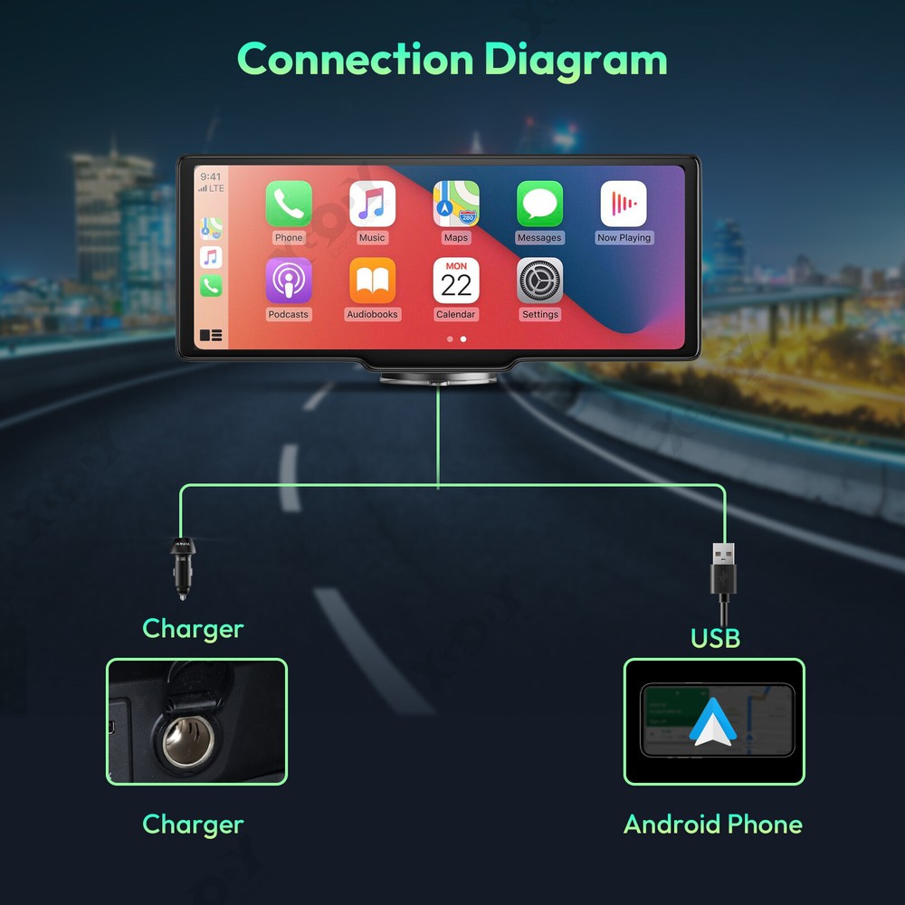 10.2" 4K Car DVR Wireless Carplay Portable Android Auto Stereo IPS Touch Screen