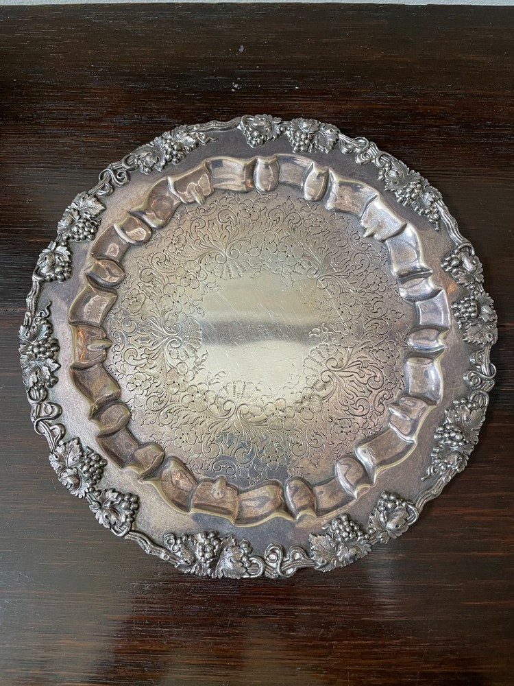 Vintage Barbour International Silver Plate 9" Serving Plate w/Grape Leaf Border