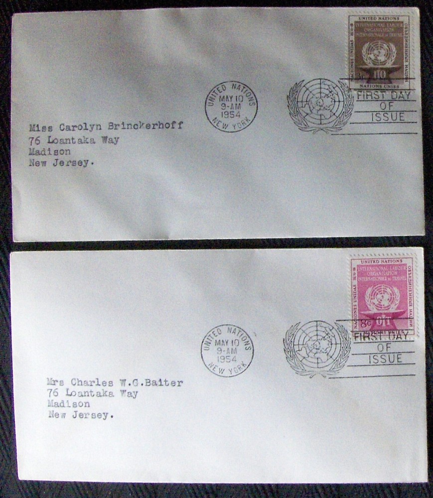 UNITED NATIONS 2 different FDC International Labor Organization, 1954.