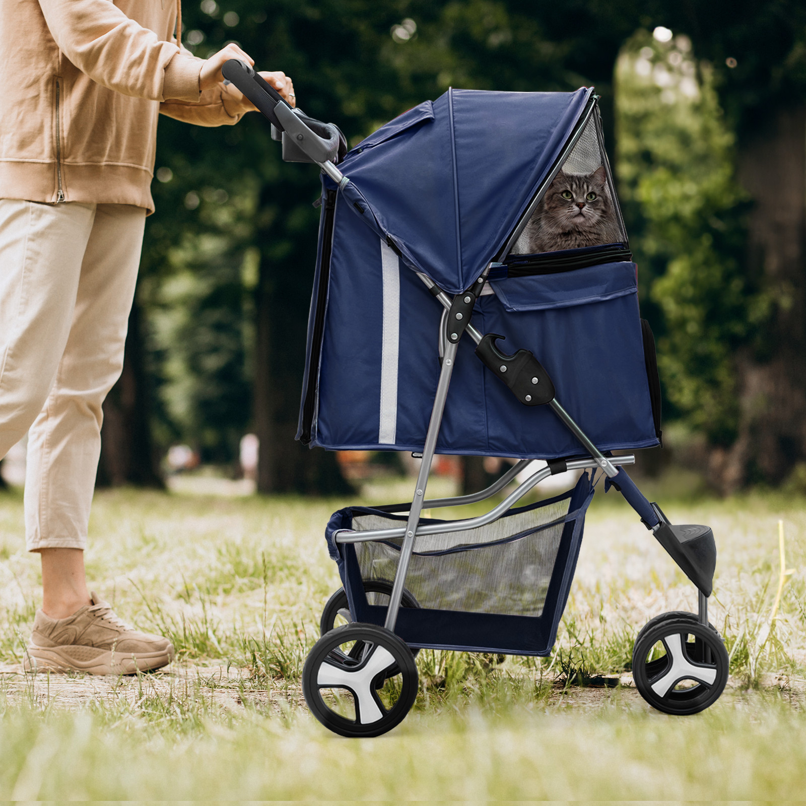 Blue Foldable Dog Stroller Small Medium Pet Travel Cage Carrier Cart w/Sunshade