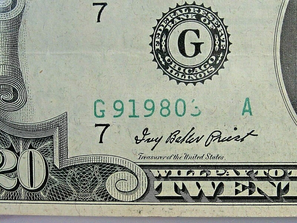 ERROR Note:1950-A $20 FRN w/ Missing Serial Numbers - Print over Foreign Object.