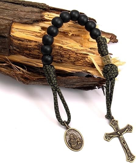 St. Joseph One Decade Green Paracord Black Beads Bracelet Prayer Rosary