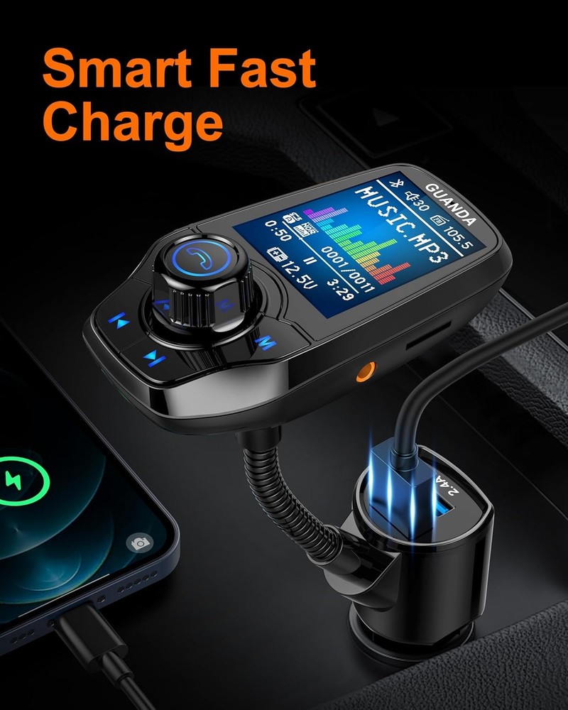 Upgraded Bluetooth FM Transmitter for Car, Fast Charge 18W + 2.4A/5V Black